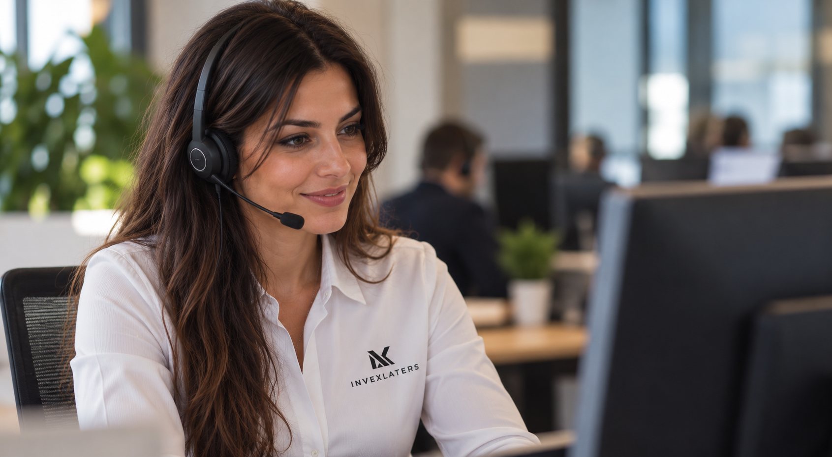 Agente de atención al cliente de Invexlaters atendiendo con auriculares